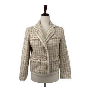 E Land Tweed Boucle Button Down Jacket M 160/84A Pastel Cream Plaid Preppy